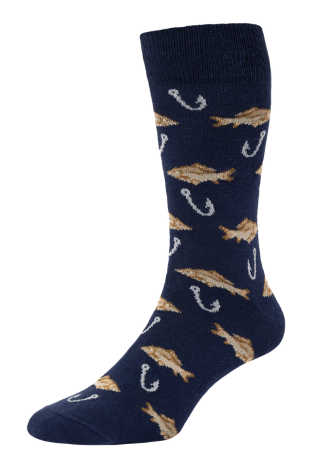 HJ Hall Men's Fishing Motif Cotton Socks in Navy