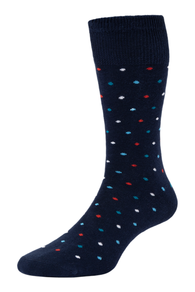 HJ Hall Men's Mini Spot Cotton Comfort Top Socks in Navy