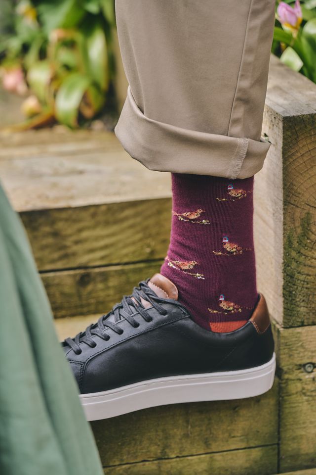 A close-up of a person's lower leg wearing a dark burgundy crew sock with a small bird pattern, paired with a black leather sneaker and beige trousers, standing on rustic wooden steps.