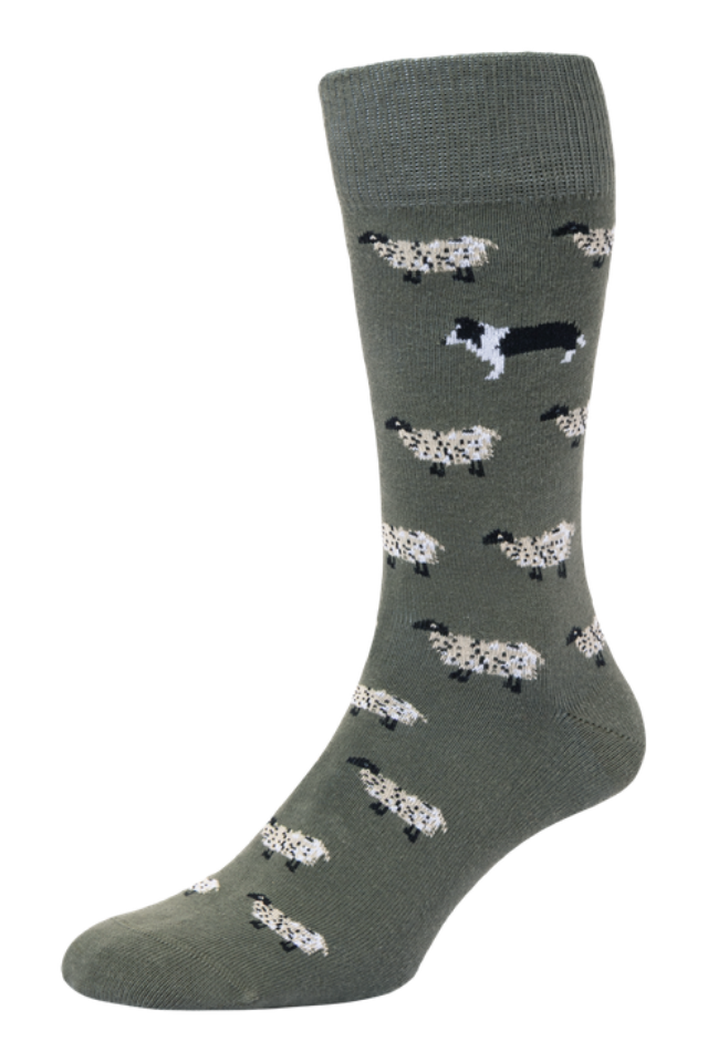 HJ Hall Men's Sheep & Dog Motif Cotton Socks in Olive