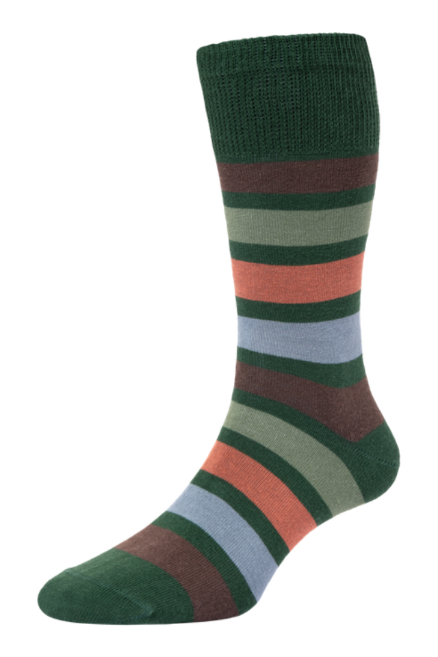 HJ Hall Men's Wide Stripe Cotton Comfort Top Socks in Bottle Green