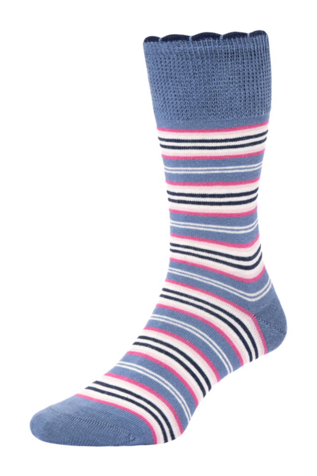 HJ Hall Women's Varied Stripe Cotton Comfort Top Socks in Denim