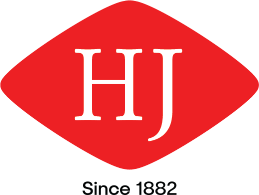 Red diamond-shaped logo with 'HJ' and 'Since 1882' text on a white background