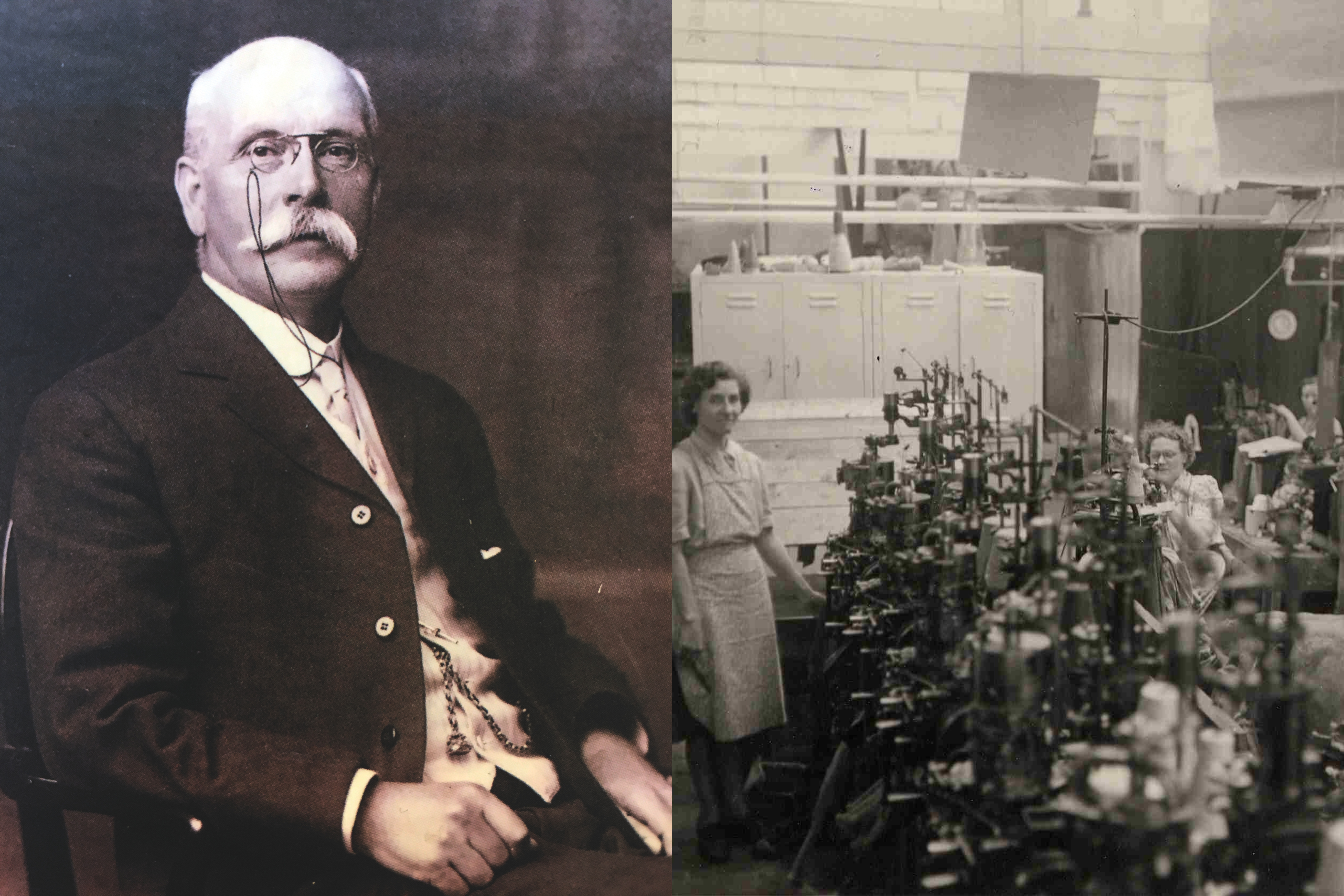 Historical portrait of a man with a moustache on the left, and a woman in a factory setting on the right.