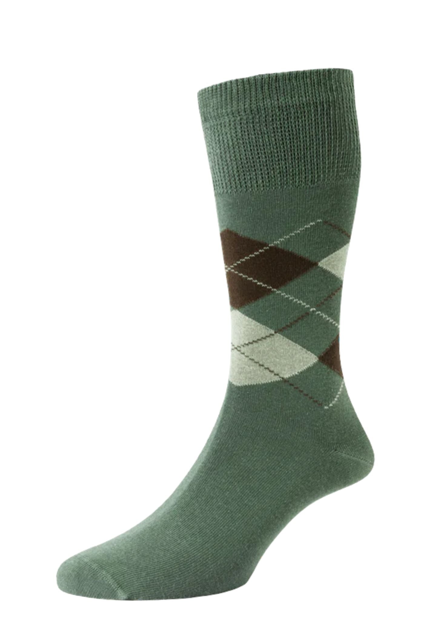 HJ Hall Men's Argyle Organic Cotton Comfort Top Socks in Olive