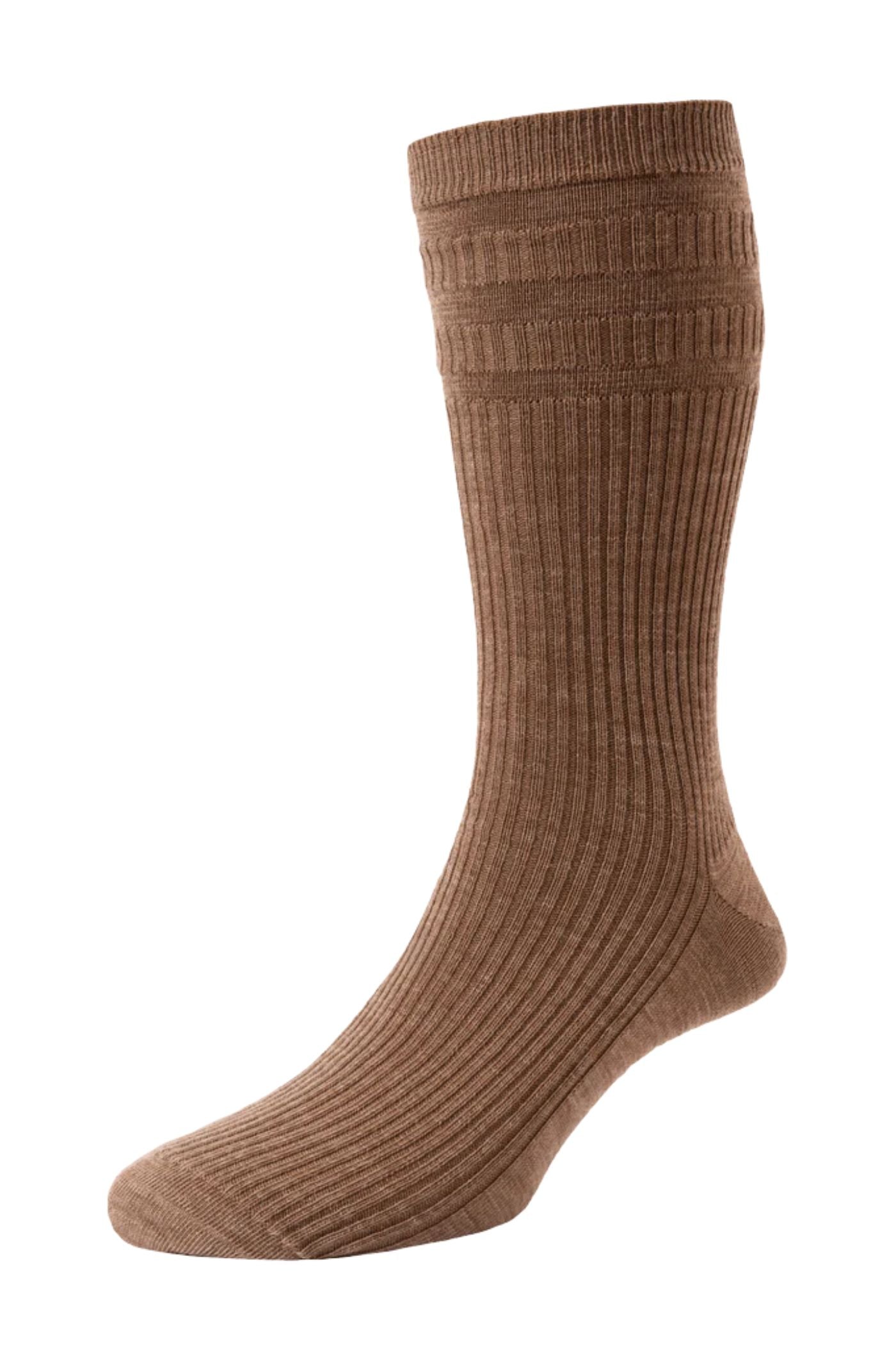 HJ Hall Men's Ribbed Wool Softop Socks in Camel