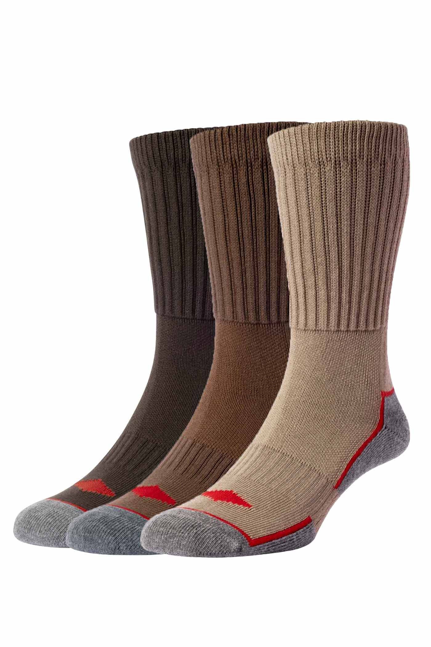 HJ Hall Men's Long Cotton Comfort Top Work Socks - 3 Pair Pack in Brown Mix