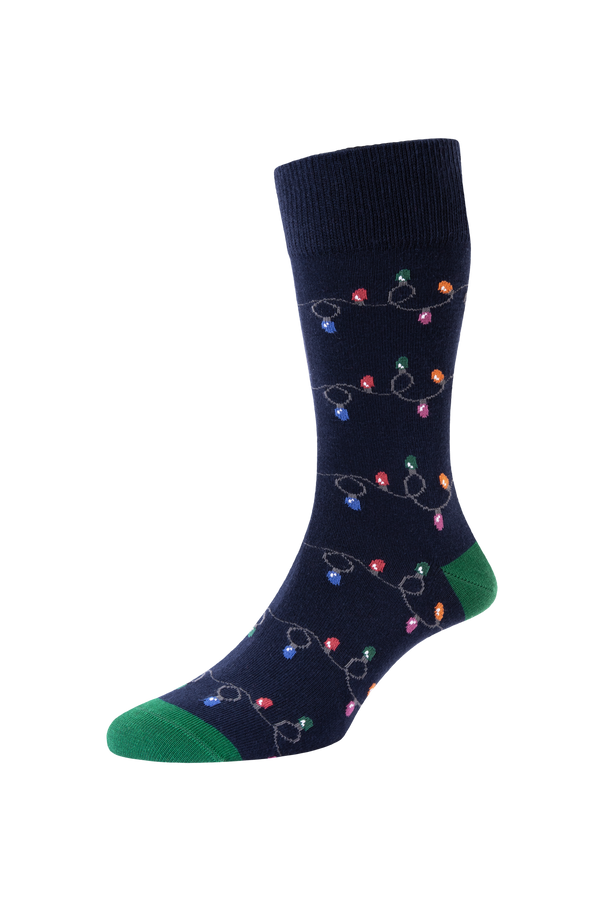 Men's Christmas Lights Motif Cotton Socks Navy 6-11