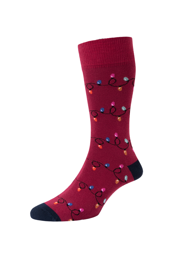 Men's Christmas Lights Motif Cotton Socks Red 6-11