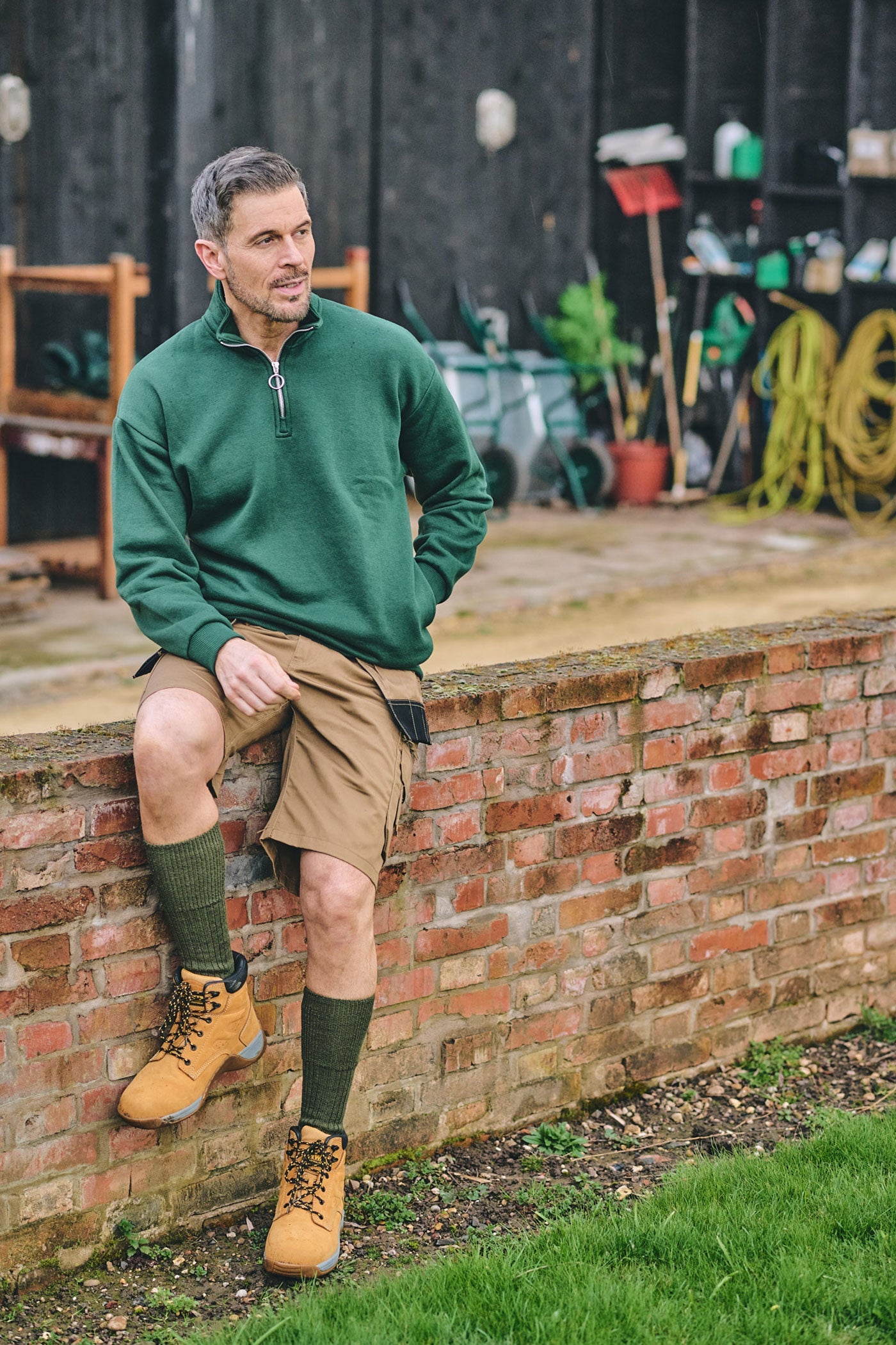 HJ Hall Men's Wool Work Boot Socks - Commando in Olive – lifestyle shot