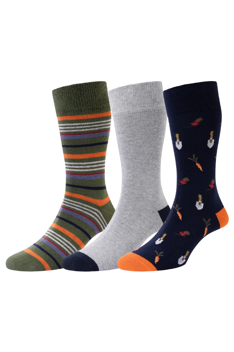 HJ Hall Men's Garden Vegetables Motif Cotton Socks - 3-Pair Pack in Navy/Olive/Grey