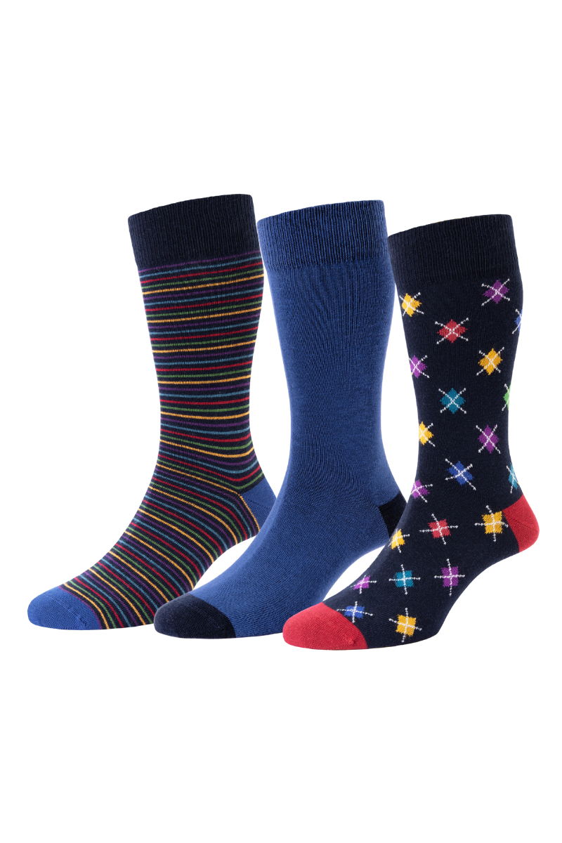 HJ Hall Men's Argyle/Stripe/Plain Cotton Socks - 3-Pair Pack in Navy Mix