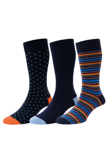 HJ Hall Stripe/Spot/Plain Cotton Men's Socks - 3-Pair Pack in Navy Mix