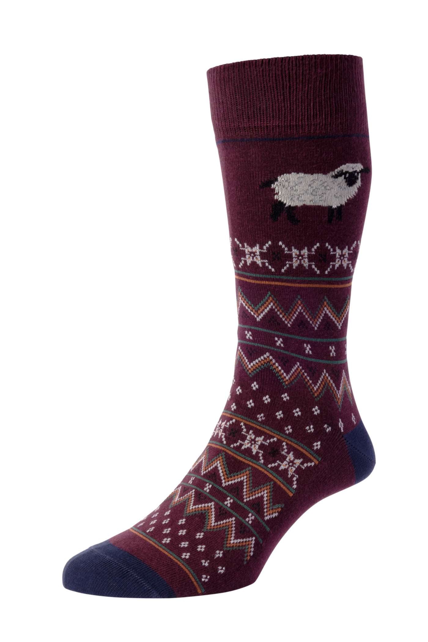 HJ Hall Men's Country Animal Fairisle Cotton Socks in Burgundy