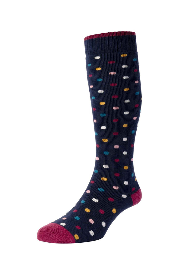 Women's Spotty Terrycloth Cotton Welly Socks Navy 4-7