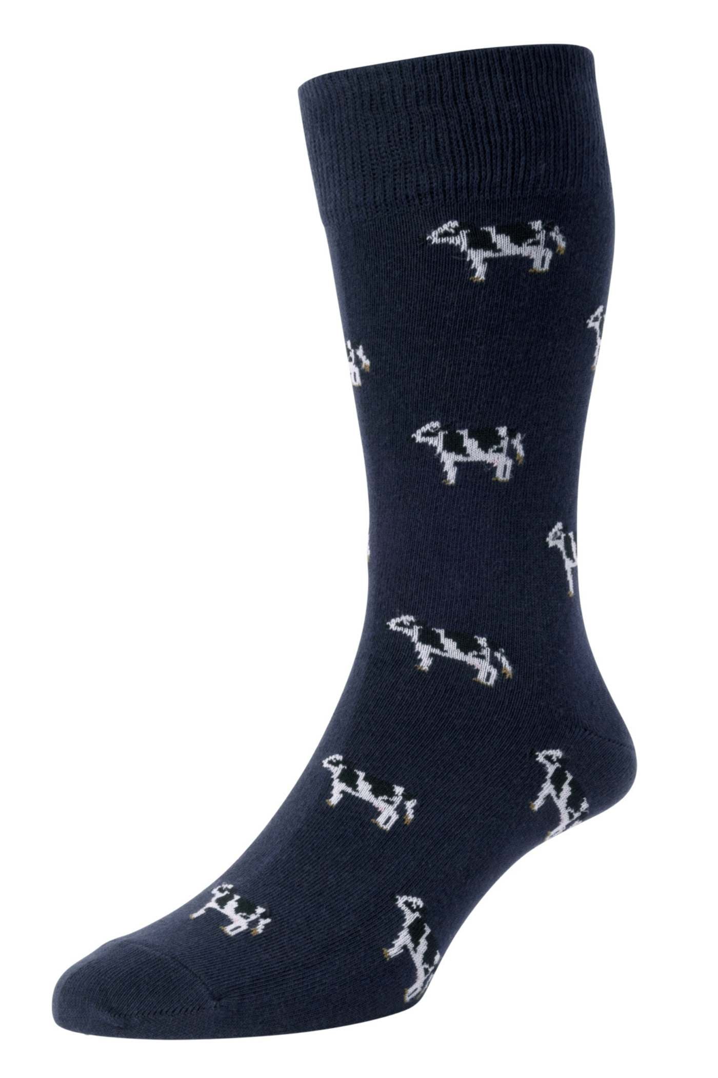 HJ Hall Men's Cow Motif Cotton Socks in Navy