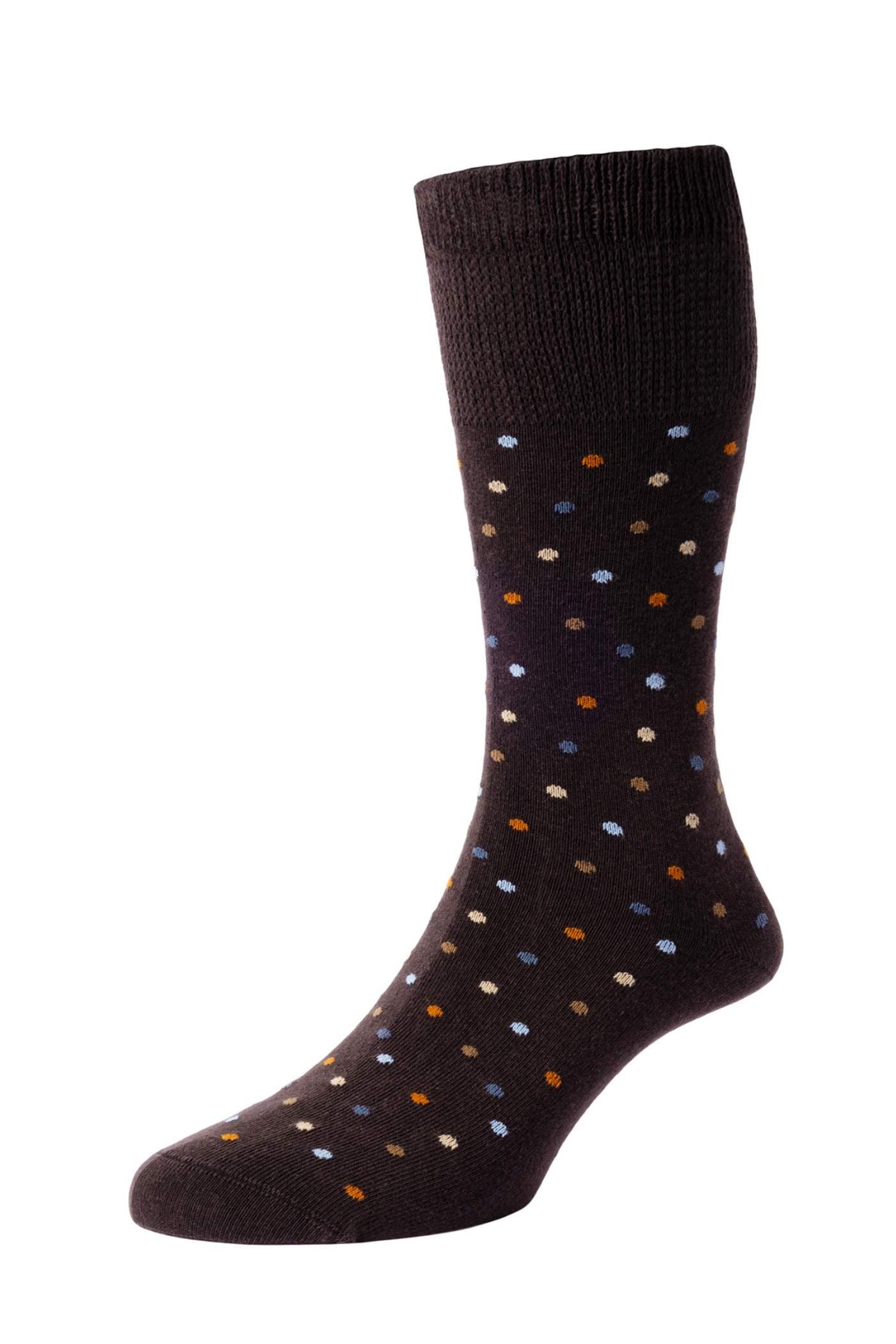 HJ Hall Men's Mini-Spots Organic Cotton Comfort Top Socks in Dark Brown