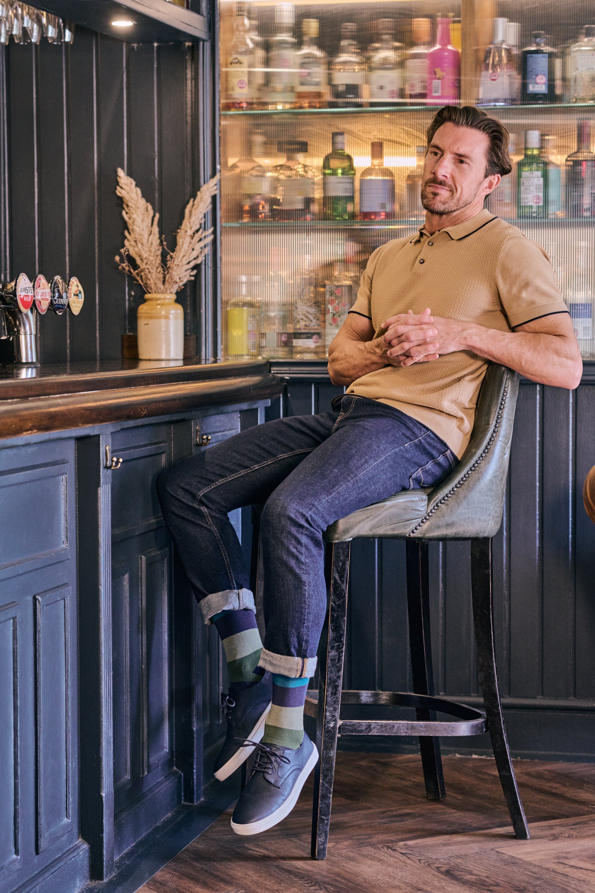 HJ Hall Men's Block Stripe Organic Cotton Comfort Top Socks in Navy – alternate view