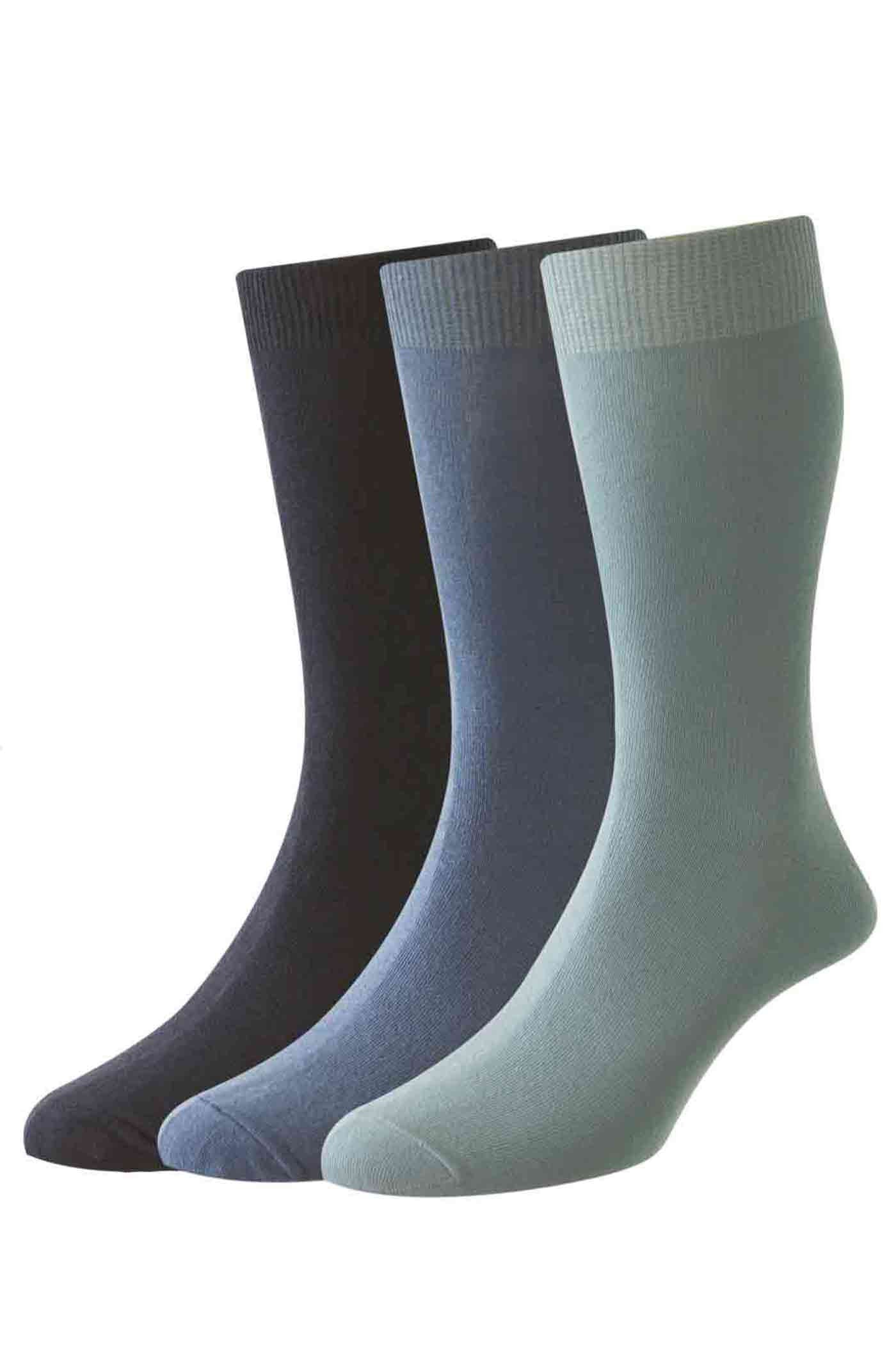 HJ Hall Men's Classic Plain Cotton Socks - 3-Pair Pack in Blue Mix
