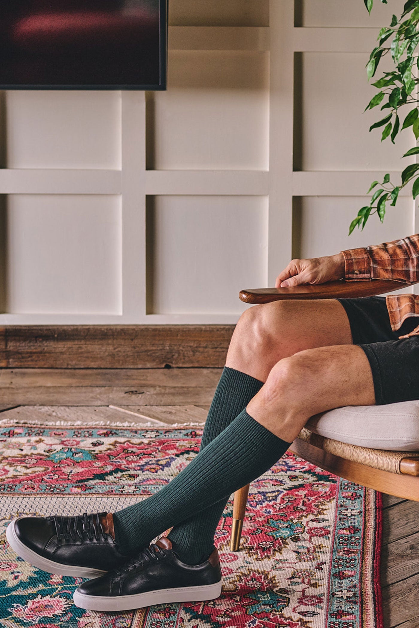 HJ Hall Men's Long Ribbed Wool Socks - Immaculate in Green – alternate view