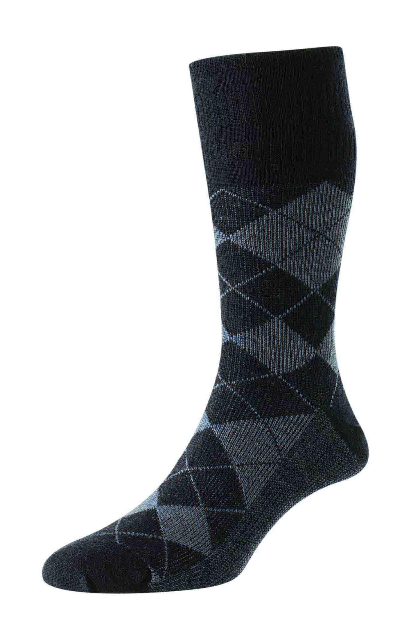 HJ Hall Men's Argyle Wool Softop Socks in Navy/Light Blue